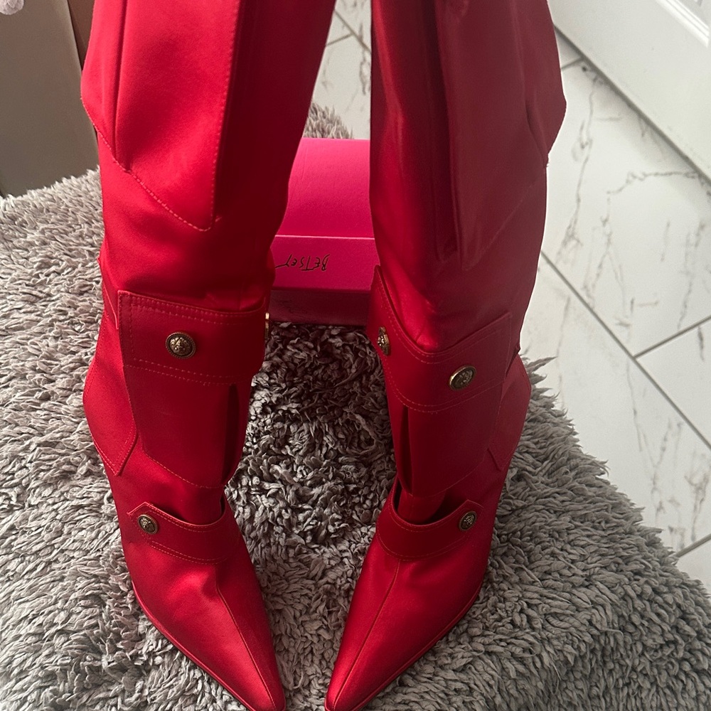 Jeffrey Campbell Red Heeled Boots with Button Detail